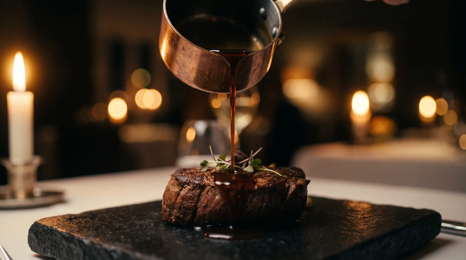 Dark jus poured from a copper saucier over a seared fillet by candlelight