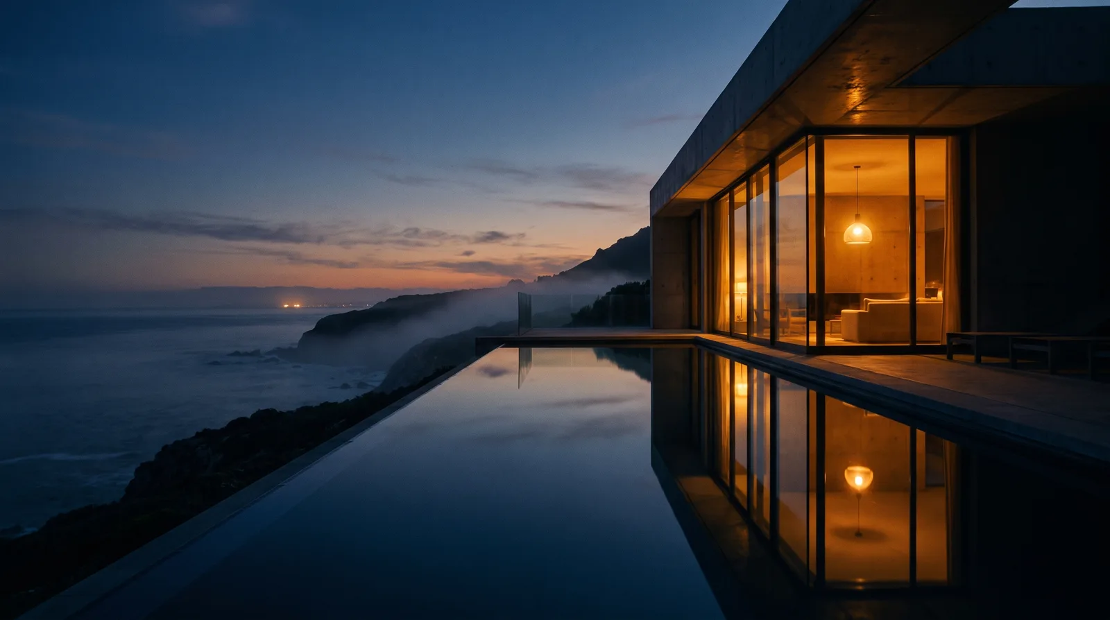 Cliff-top glass house at blue hour mirrored in a still infinity pool