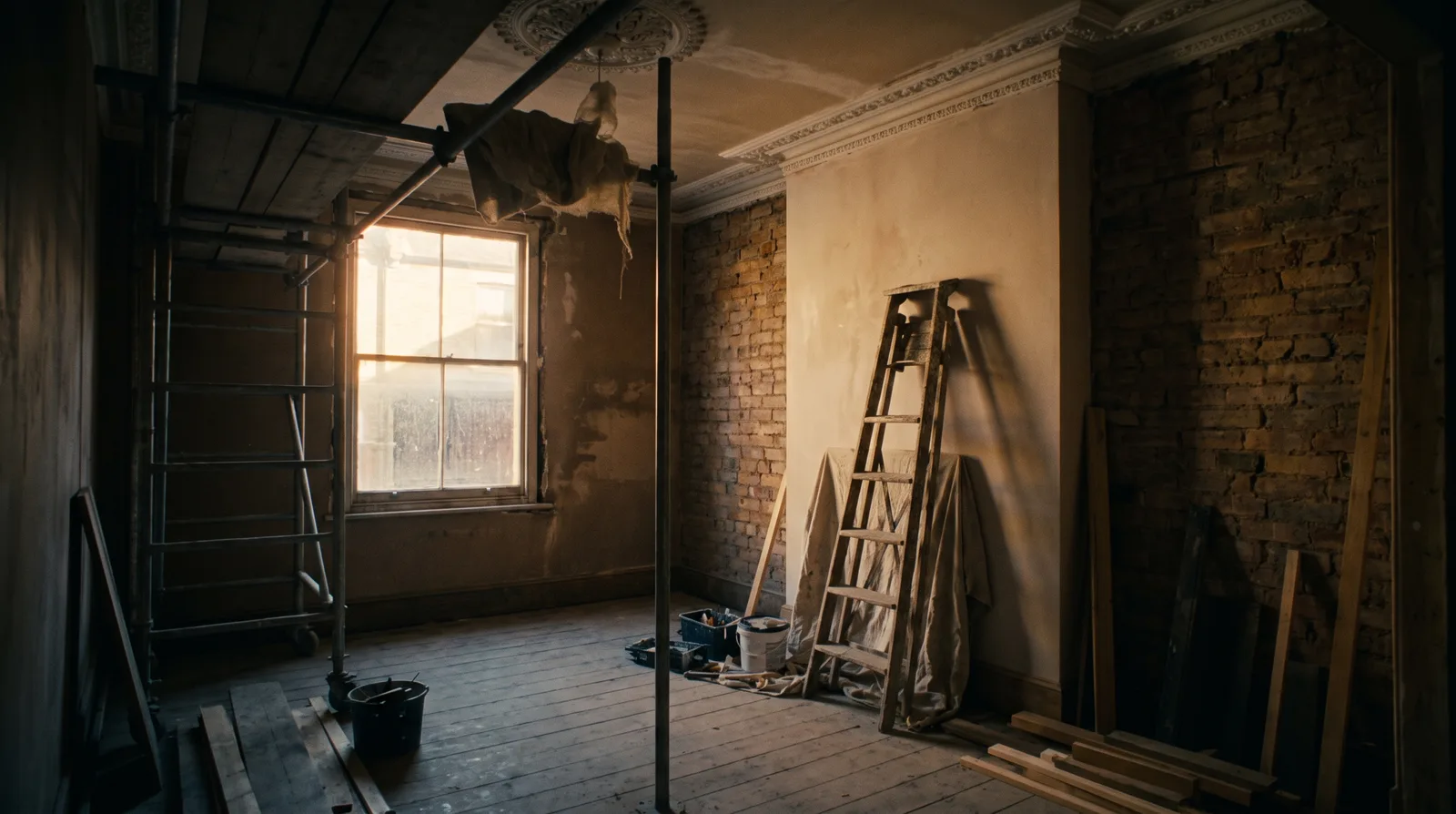 Heritage terrace front room mid-restoration, sun through a sash window