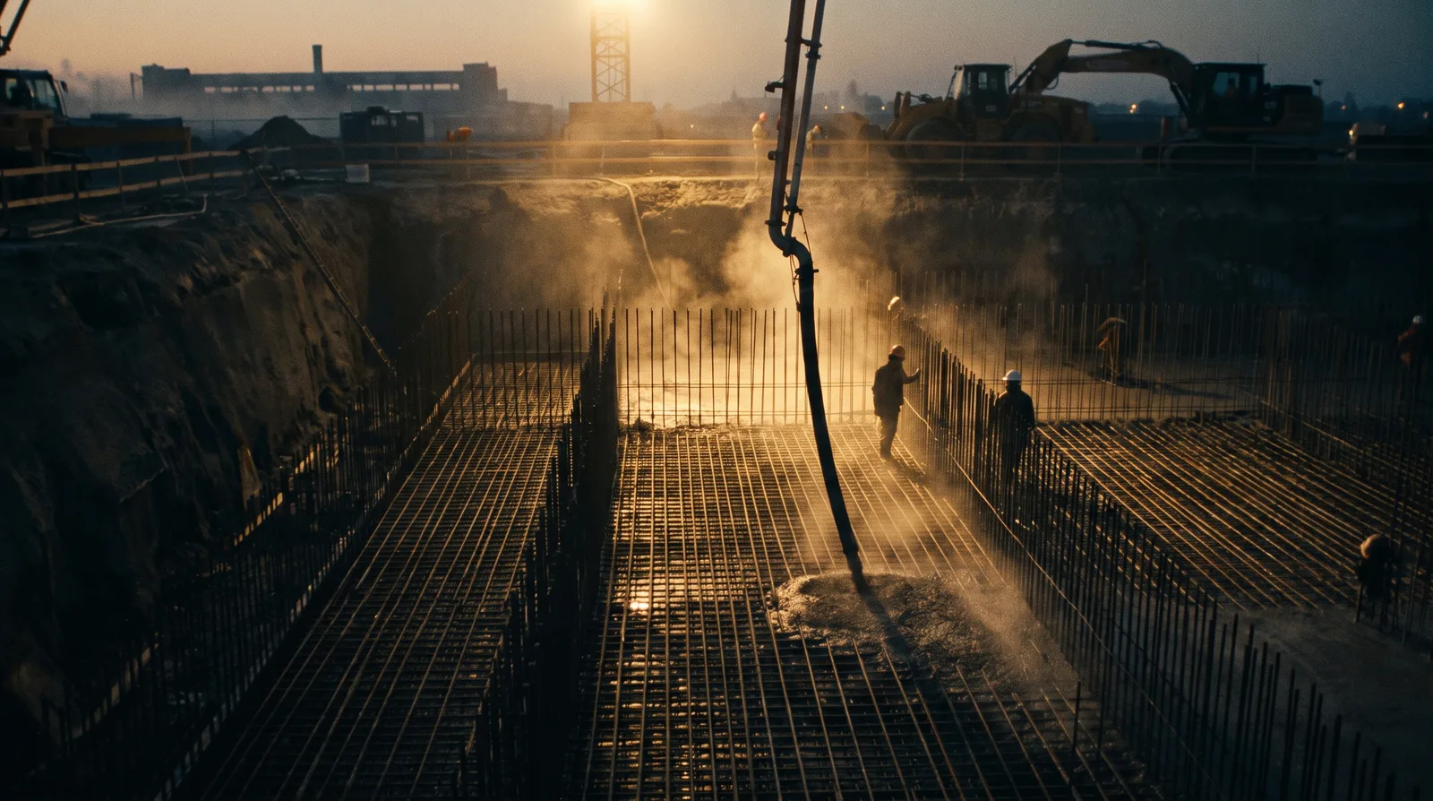 Concrete pour into rebar formwork at dawn, steam rising