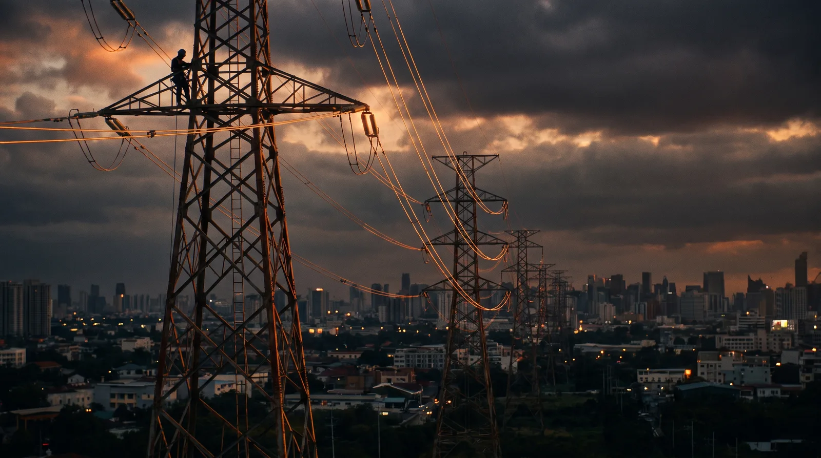 Transmission towers at sunset with a lineworker high on the nearest, city below