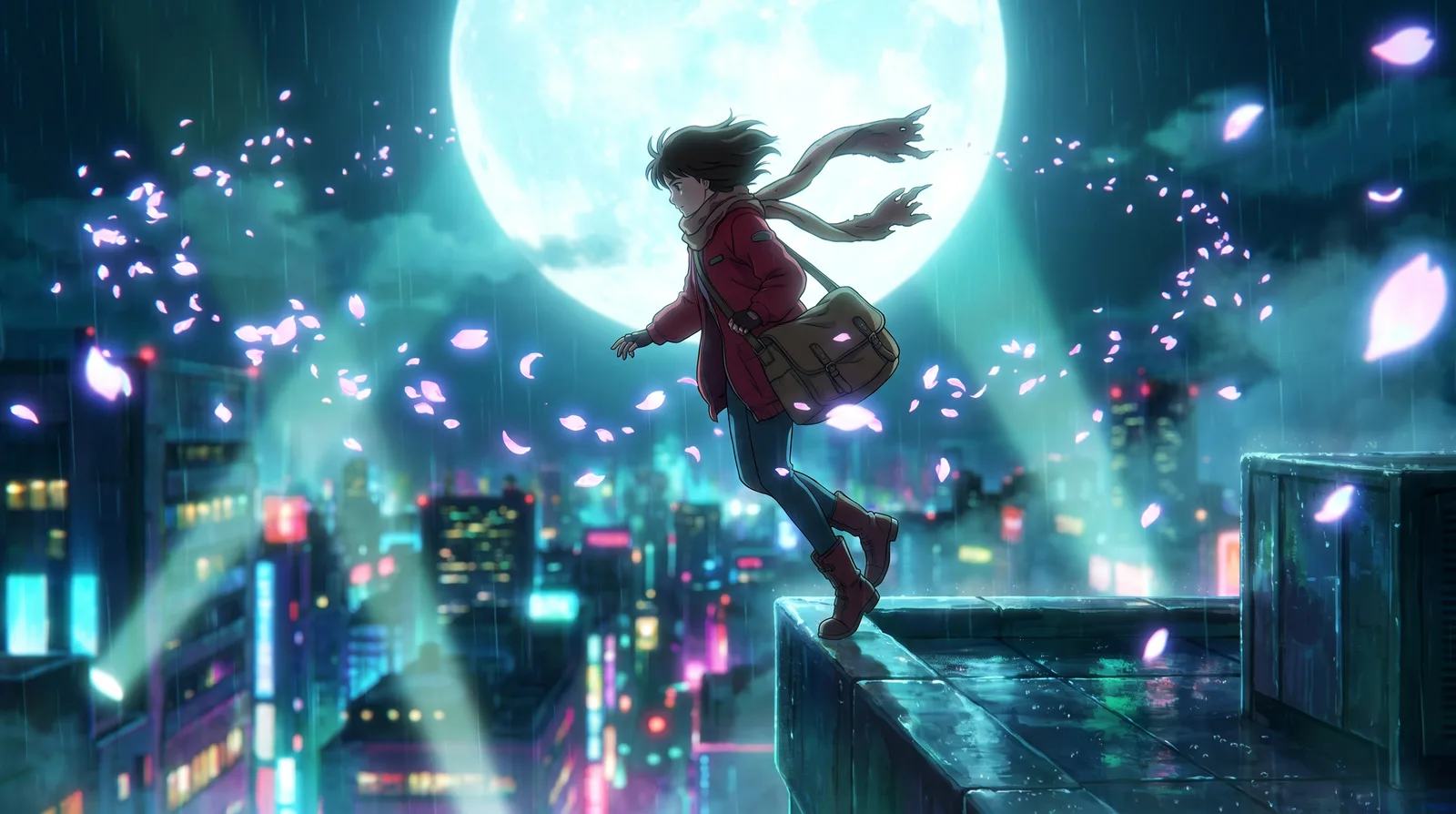 Anime courier girl on a rooftop above a neon city, petals swirling