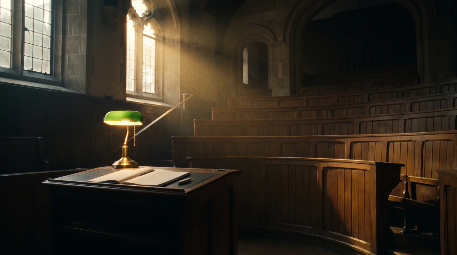 Old university lecture theatre at dawn, sun through arched windows, a lamp on the lectern