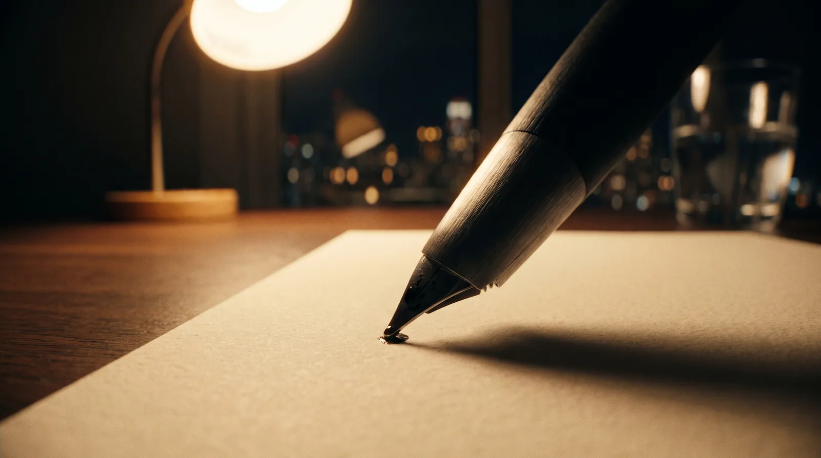 Fountain pen nib touching thick paper on a boardroom table, city lights behind