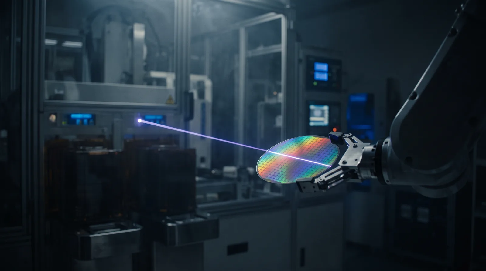 Silicon wafer in a robotic gripper under a violet laser line in a clean room