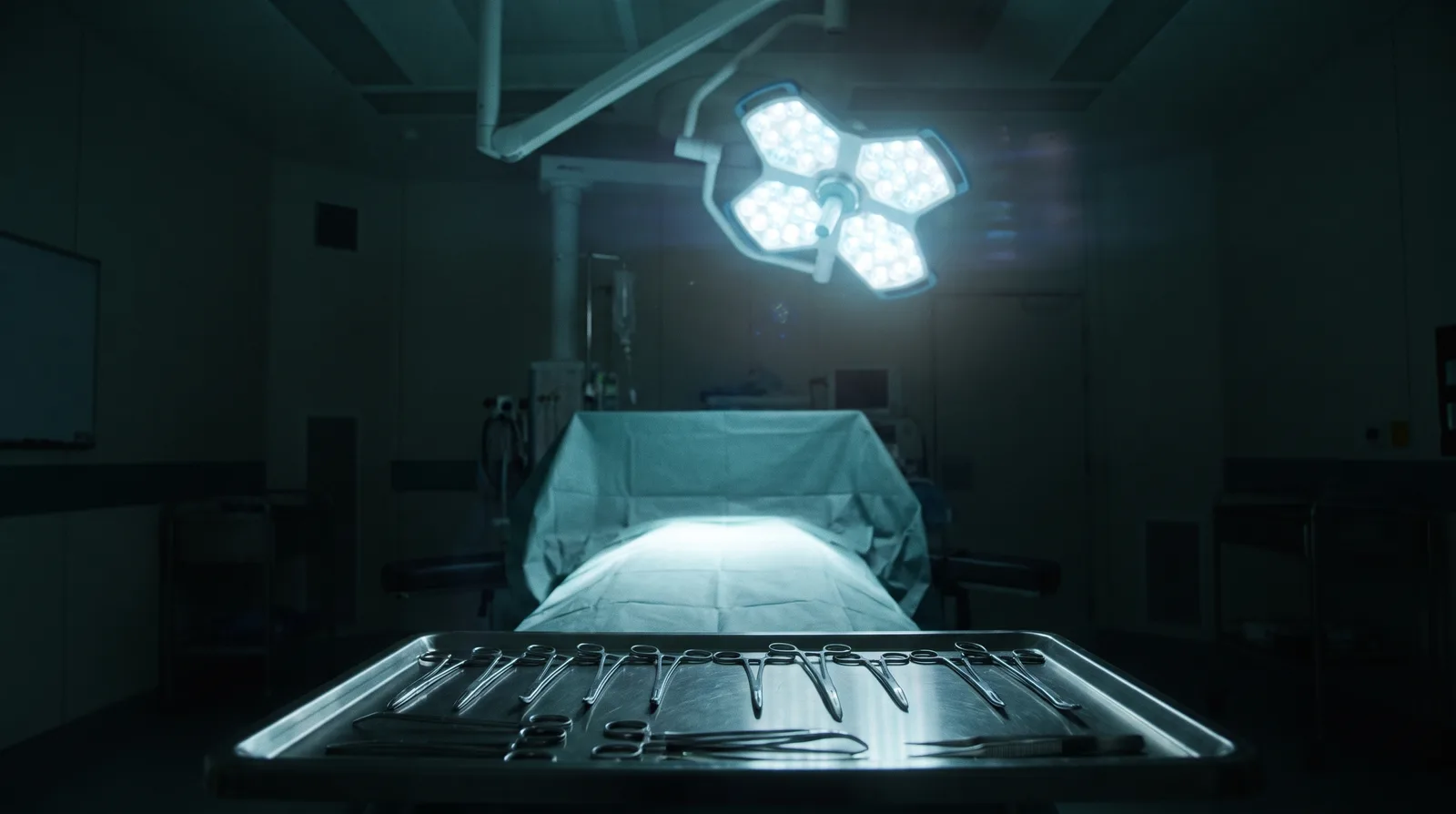 Empty operating theatre with the surgical light glowing over instruments laid out in rows