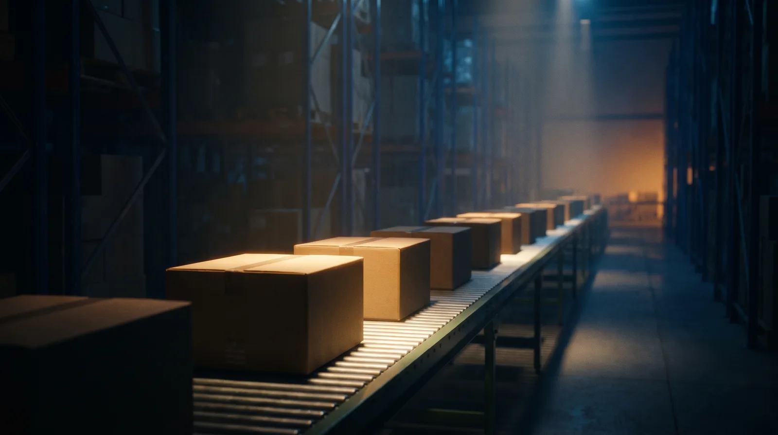 Parcels gliding along a conveyor toward a loading dock in a fulfilment centre at night
