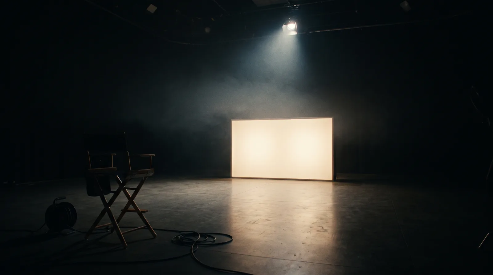 Blank glowing light box on a dark film stage, haze in the spotlight