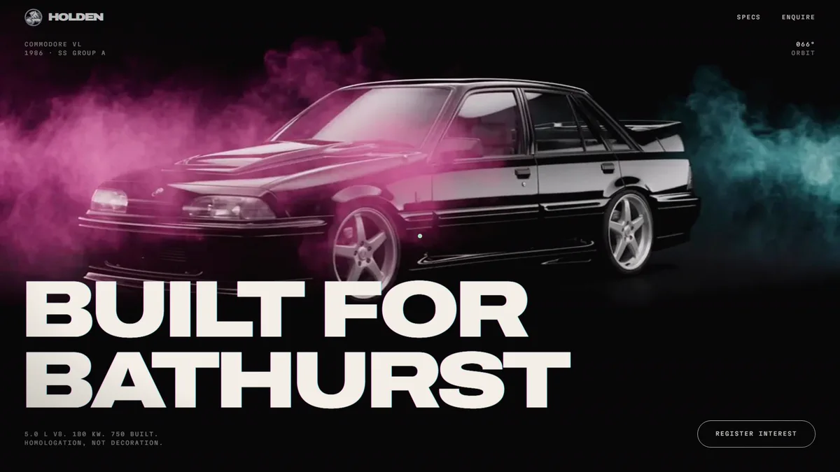 Holden Commodore VL concept launch site, the headline Built For Bathurst over the black VL turning in magenta and cyan powder