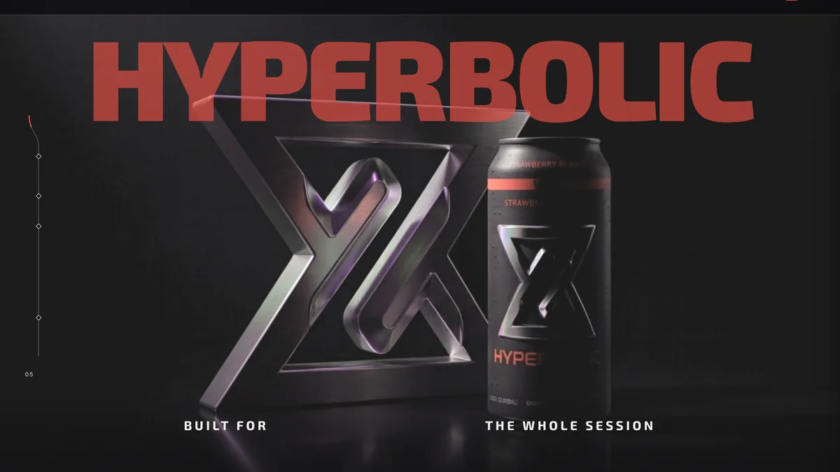 HYPERBOLIC energy drink website, the red wordmark over a chrome monogram and can emerging from a black studio