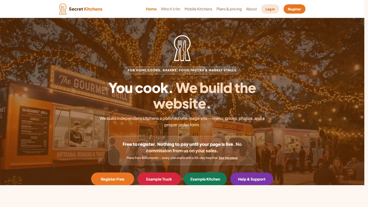 Secret Kitchens homepage, food trucks under fairy lights with the headline You cook. We build the website.