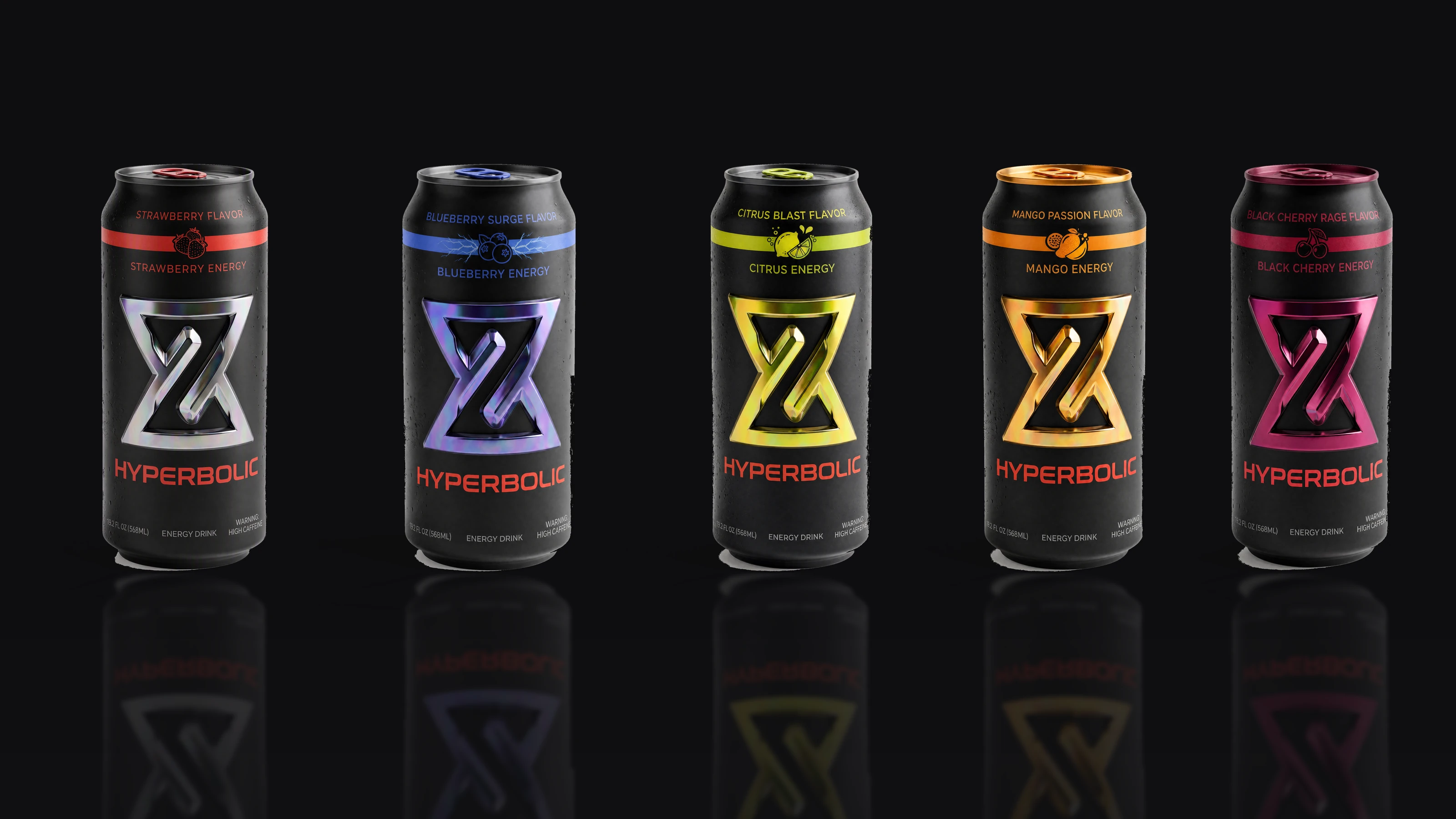 All five HYPERBOLIC cans in a row: Strawberry, Blueberry Surge, Citrus Blast, Mango Passion and Black Cherry Rage