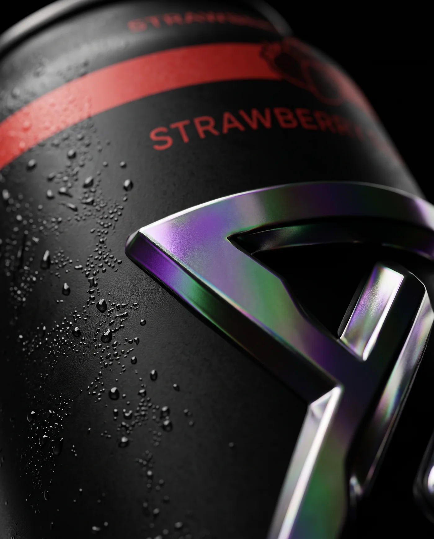 Macro detail of a HYPERBOLIC can: condensation on matte black aluminium and the bevelled edge of the chrome monogram