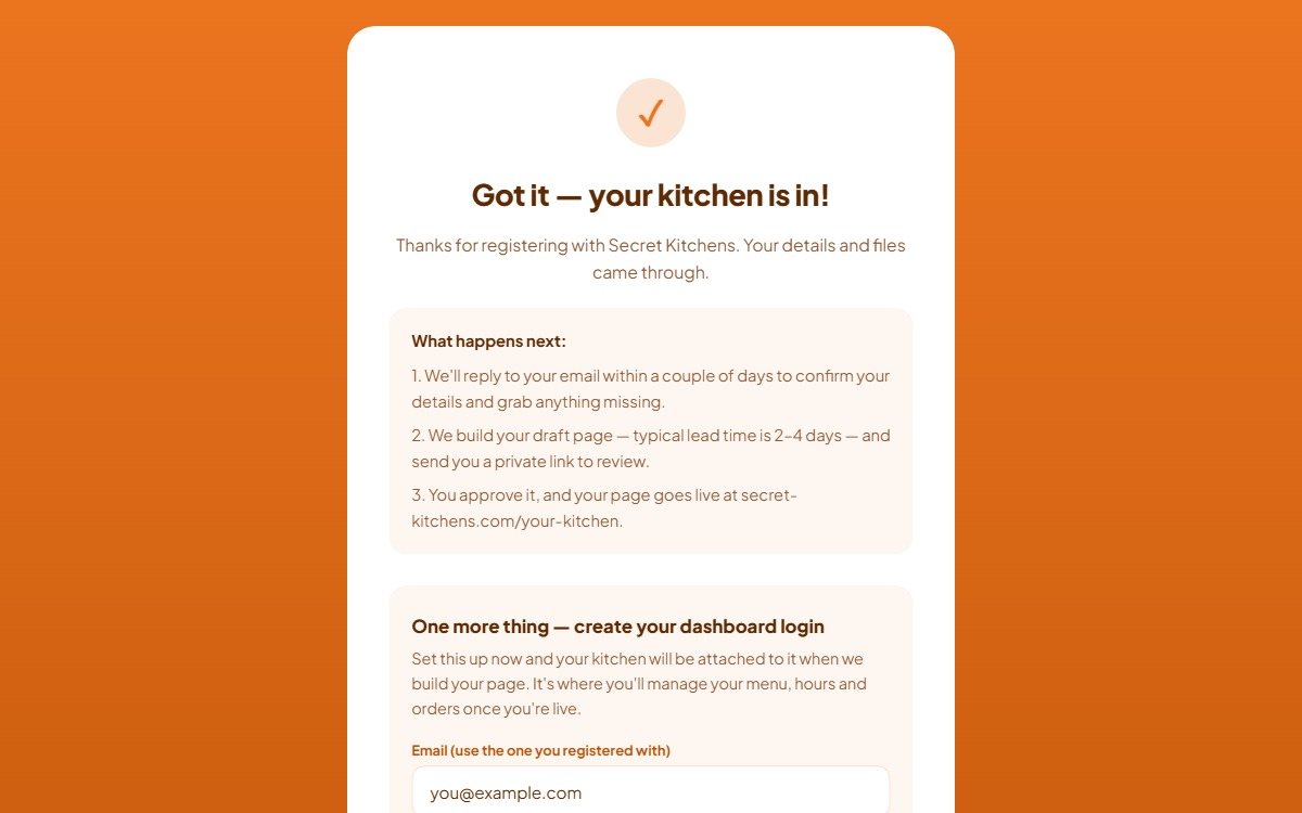 The registration thank-you page, showing the three next steps and the Create my login form beneath them.