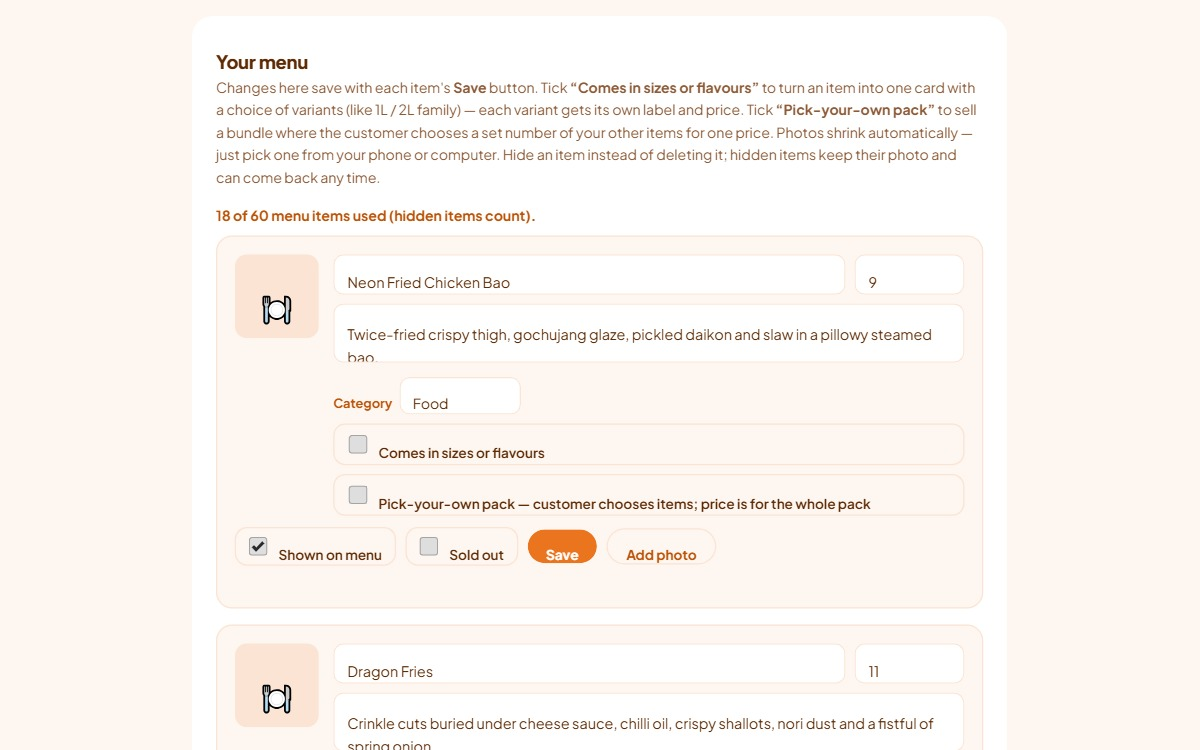 The Menu section of the dashboard: the item counter and two saved menu items with their name, price, description, category and Save buttons.