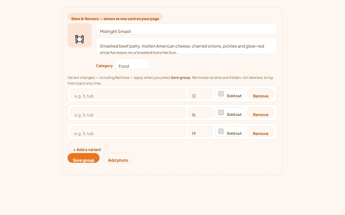 A sizes-and-flavours group in the Menu section: dish name, intro line, three variant rows with label, price and sold-out tick, and the Save group button.