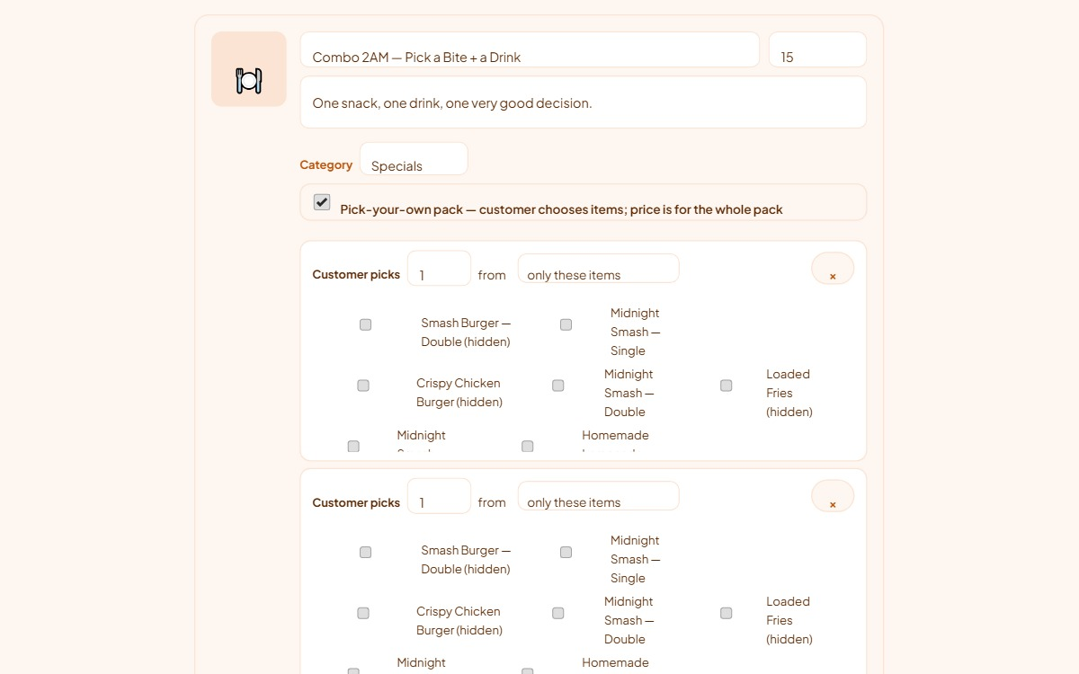 The pick-your-own pack builder on a menu item: two slots each reading Customer picks 1 from only these items, with the list of menu items to tick beneath each.