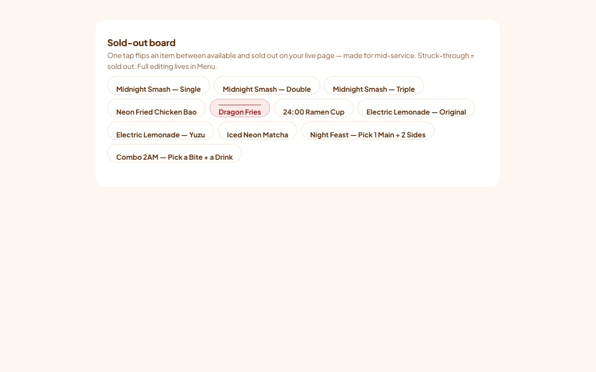 The Sold-out board card at the top of the Dashboard section, showing menu items as tappable chips with one of them struck through.