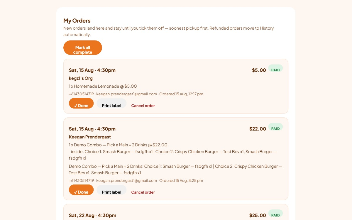 The My Orders tab in the dashboard with two open paid orders, each showing pickup date and slot, amount, a Paid badge, customer details and the Done, Print label and Cancel order buttons.