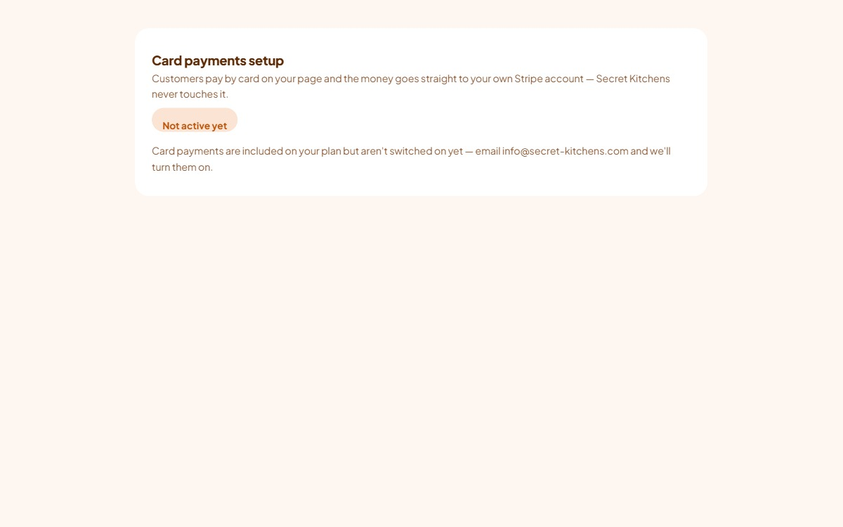 The Card payments setup card in the Payments section showing the status pill reading Not active yet and the explanatory line beneath it.