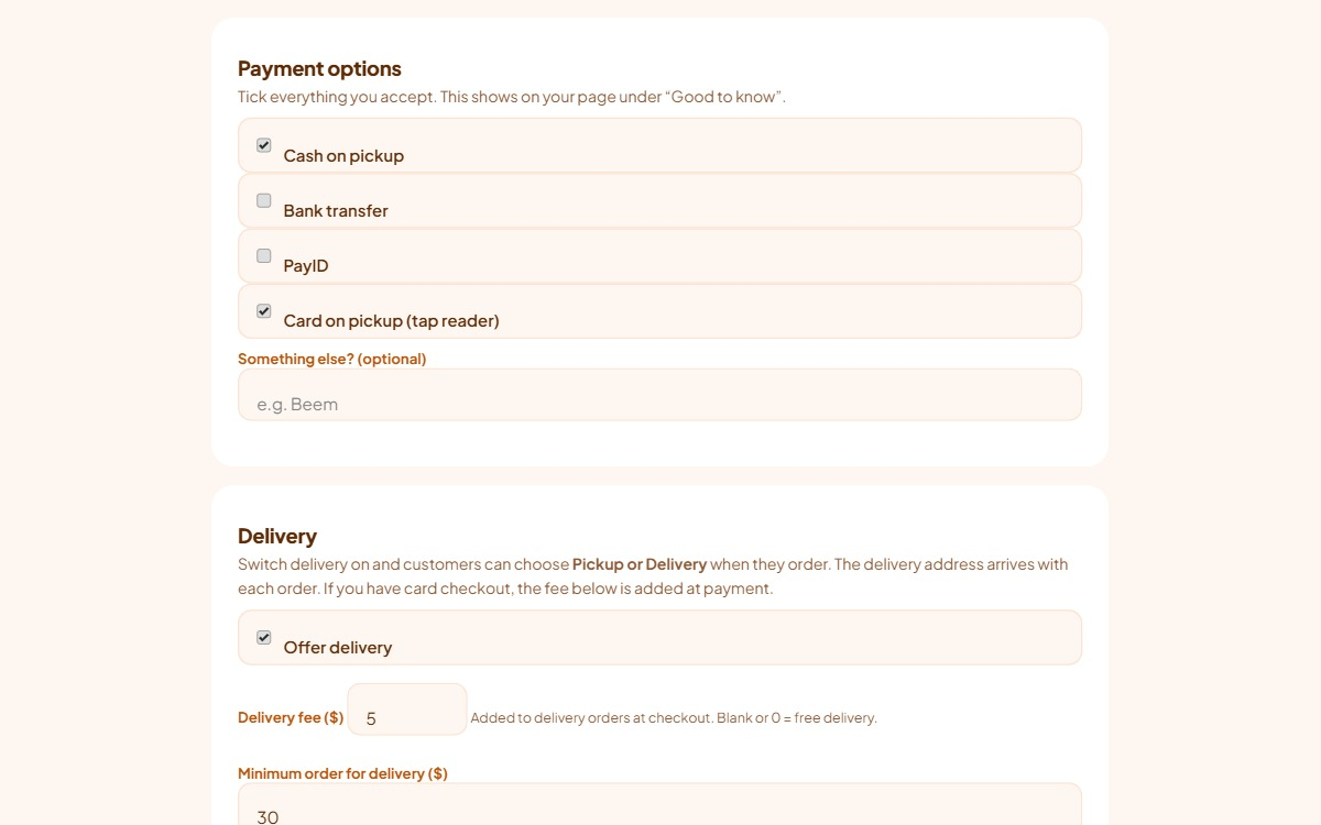 The Payment options card with its four tick boxes, and beneath it the Delivery card with Offer delivery ticked and the fee and minimum order fields filled in.