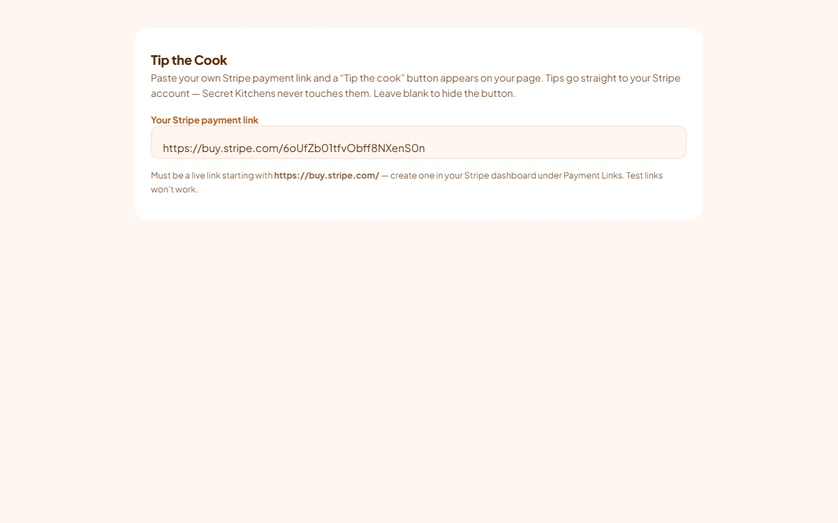 The Tip the Cook card in the Payments section with a Stripe payment link pasted into the field.