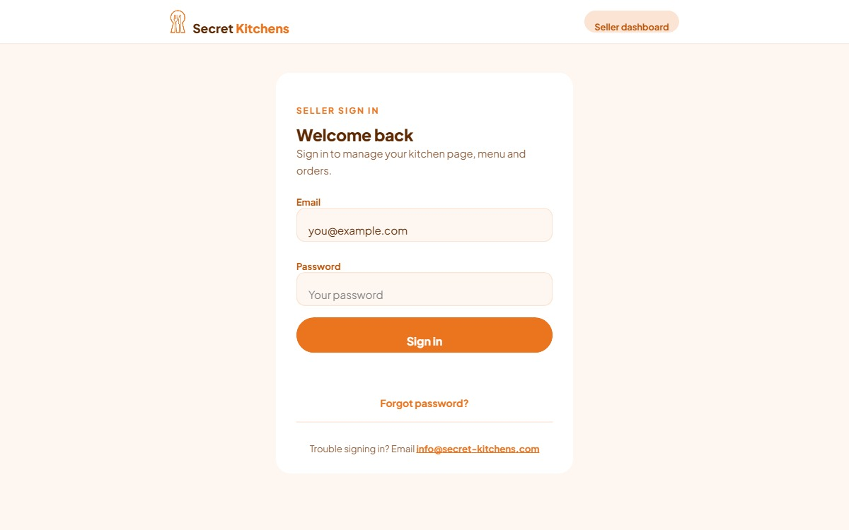 The seller sign-in page: email and password fields, the Sign in button and the Forgot password link beneath it.