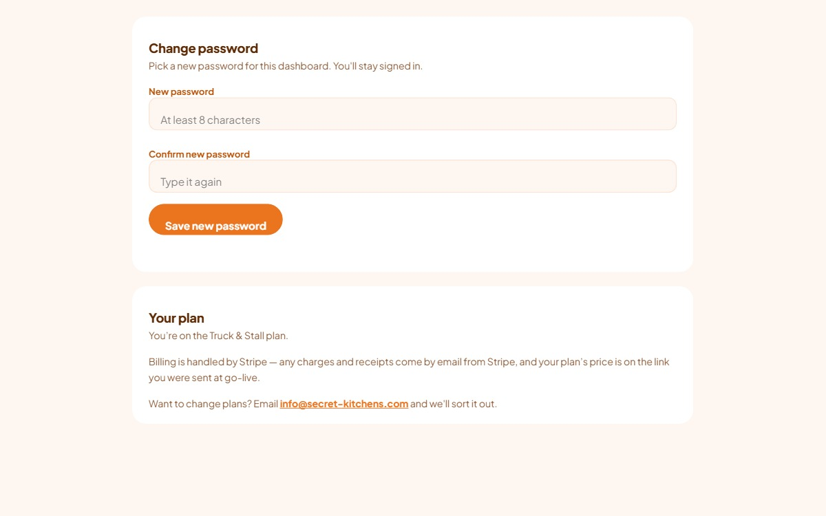 The Settings section: the Change password card with two password fields, and the Your plan card stating the plan name.