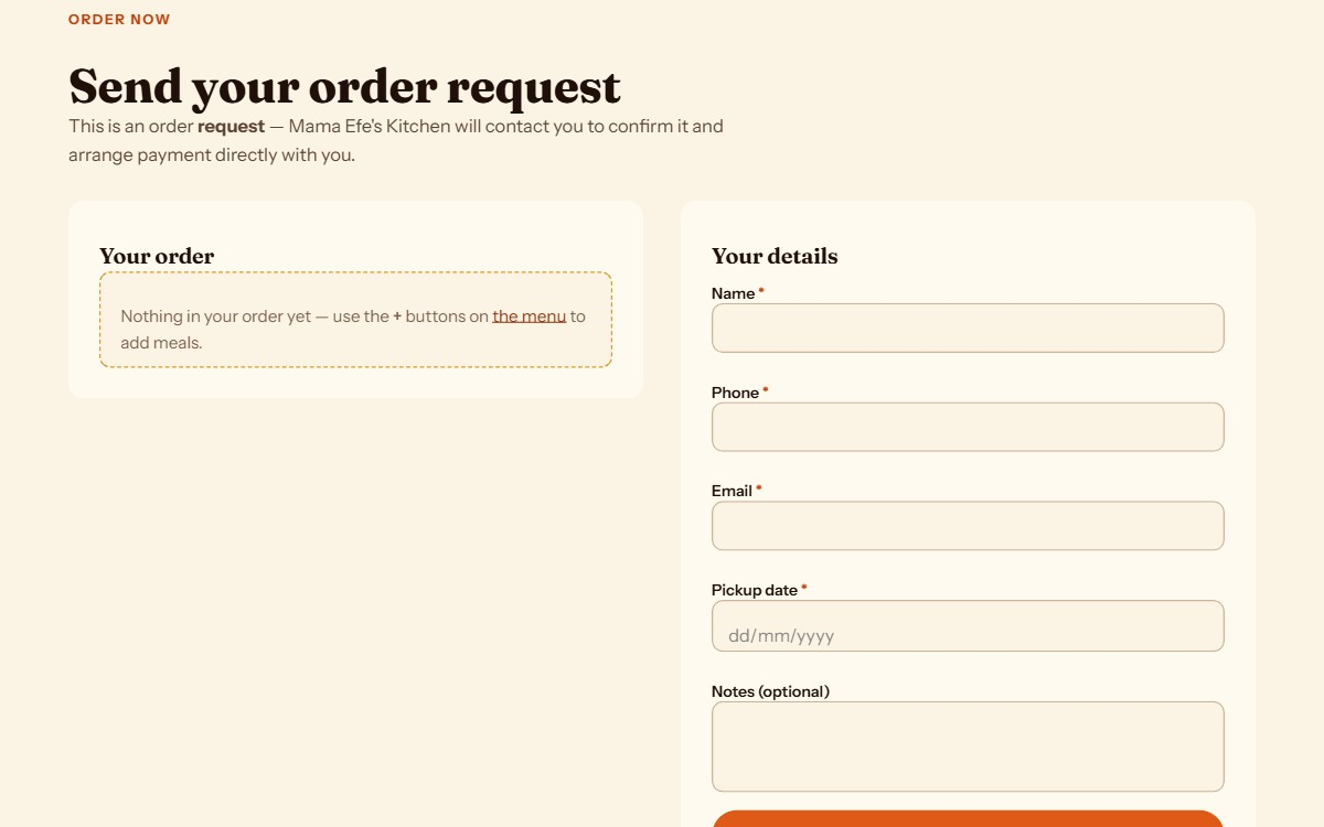 The order form on a kitchen page in request mode: the order summary beside the name, phone, email, pickup date and notes fields, with the Send order request button beneath.