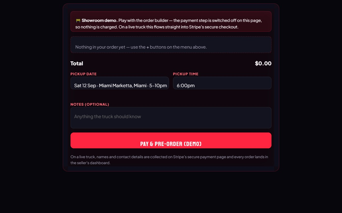 The pre-order box on a food truck page with a planned date chosen from the list, Sat 12 Sep at Miami Marketta, and a 6:00pm pickup time selected.