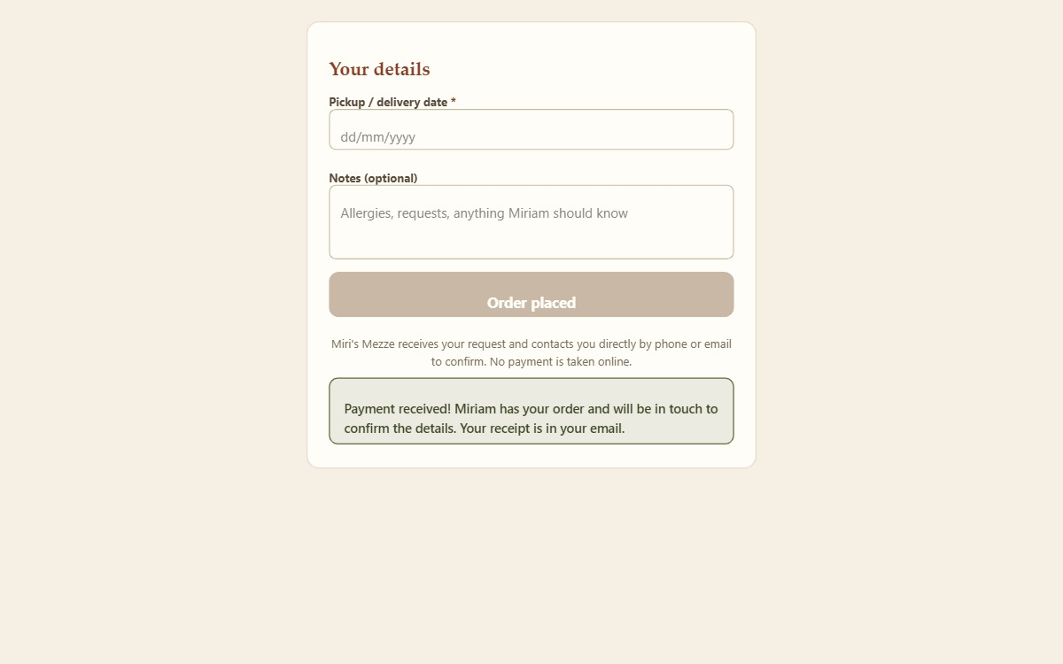 A kitchen page after a successful card payment, showing a disabled Order placed button with the Payment received message beneath it.