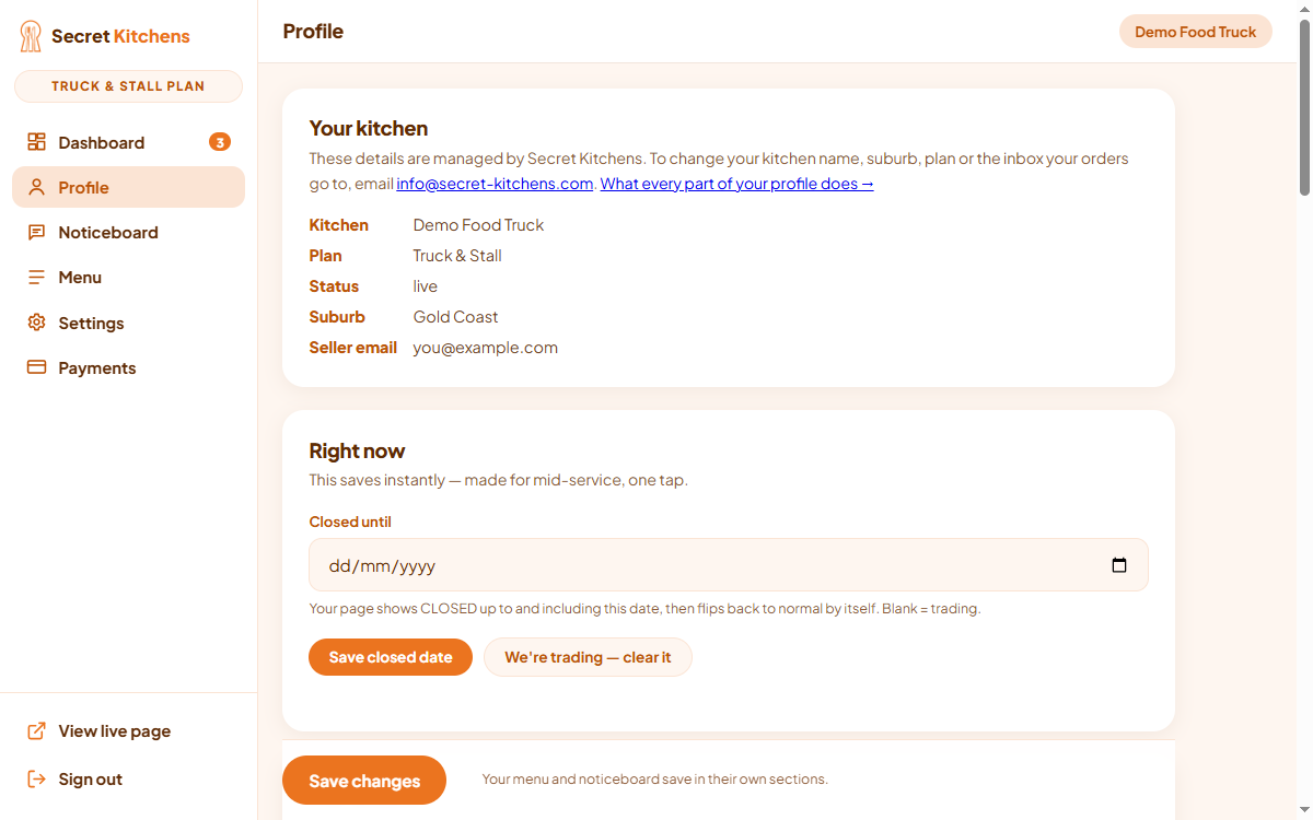 The Profile section of the Secret Kitchens dashboard, with its editor cards numbered.
