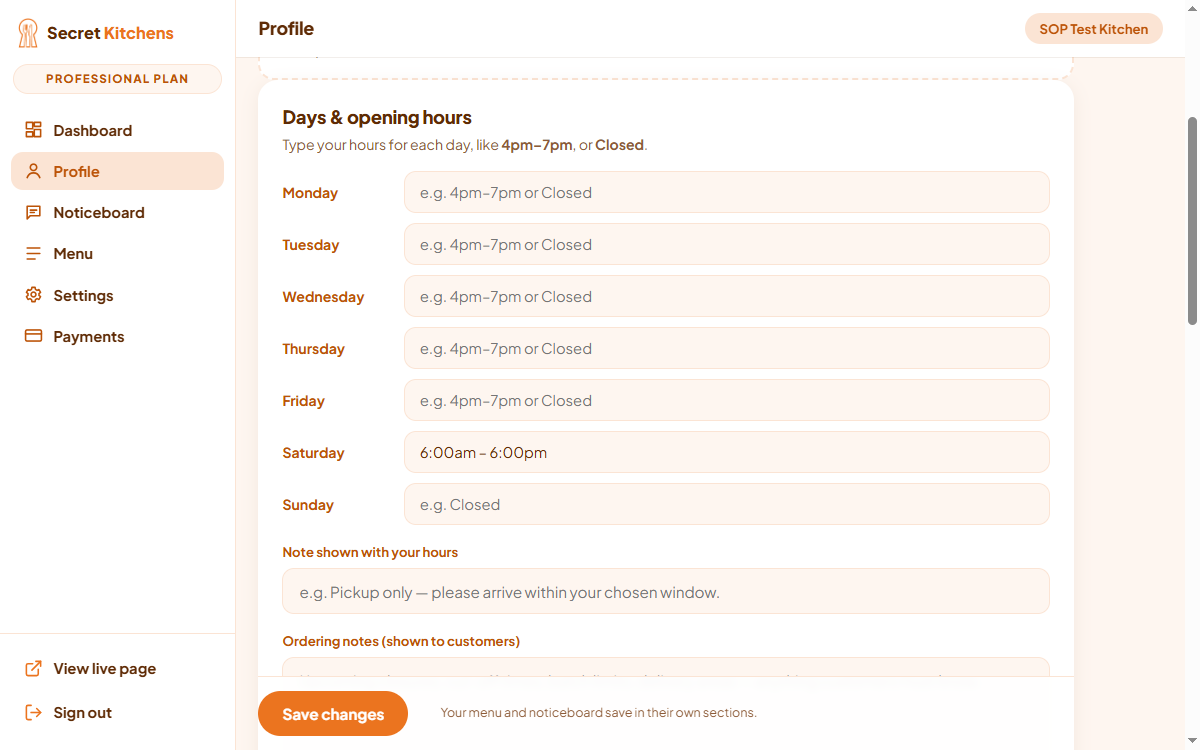 The Days and opening hours card in the dashboard, with a text row per day and the three notes fields below.