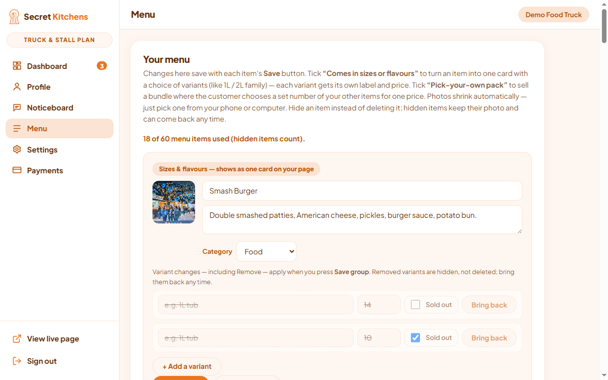 The Menu section of the dashboard, showing saved menu items and the Add a new item form.
