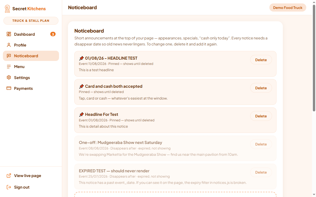 The Noticeboard section of the dashboard, showing an existing notice and the Add a notice form.