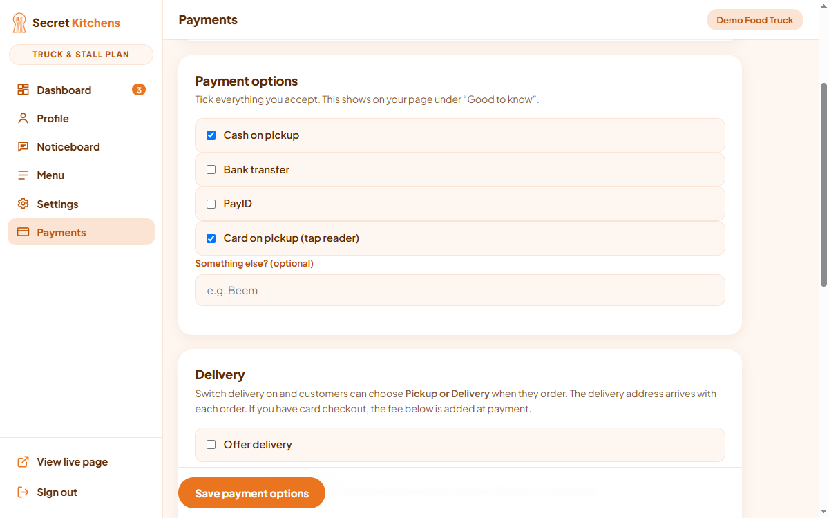 The Payments section of the dashboard, showing payment option tick boxes and the Delivery card.