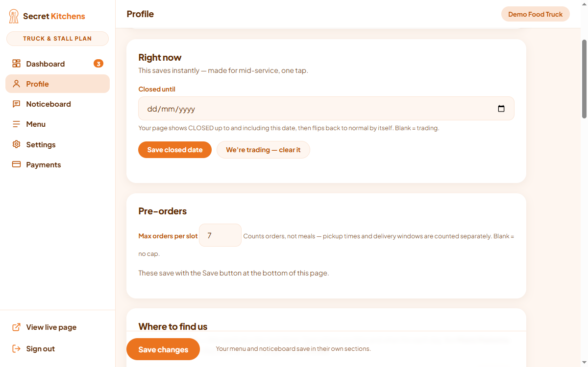 The Right now card in the dashboard, showing the Closed until date field.