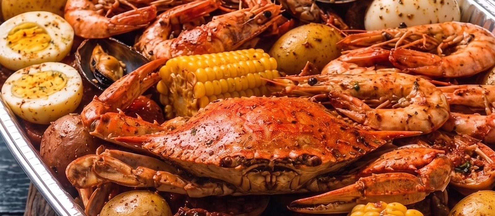 Close-up of the seafood boil spread — crab, prawns, corn, potatoes and sausage in cajun butter