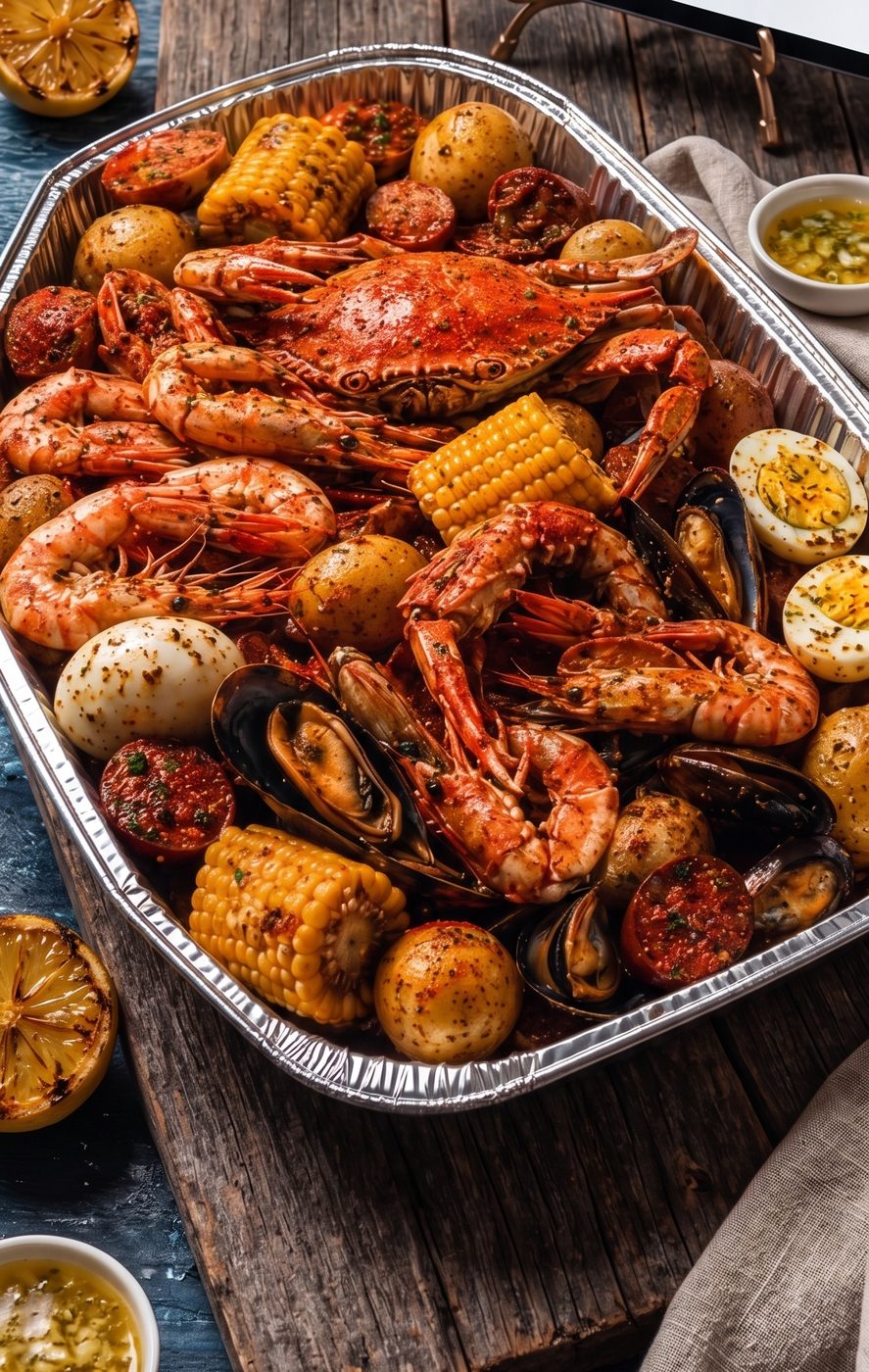 Loaded seafood boil tray with crab, king prawns, mussels, corn, potatoes, sausage and boiled eggs