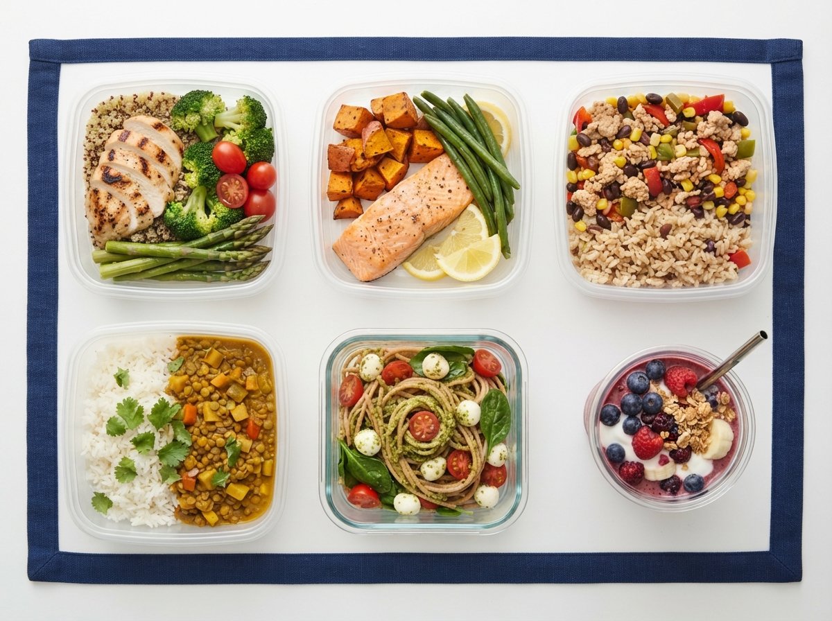 Six mixed items in a grid — meal containers, a pasta tray and a frozen smoothie cup