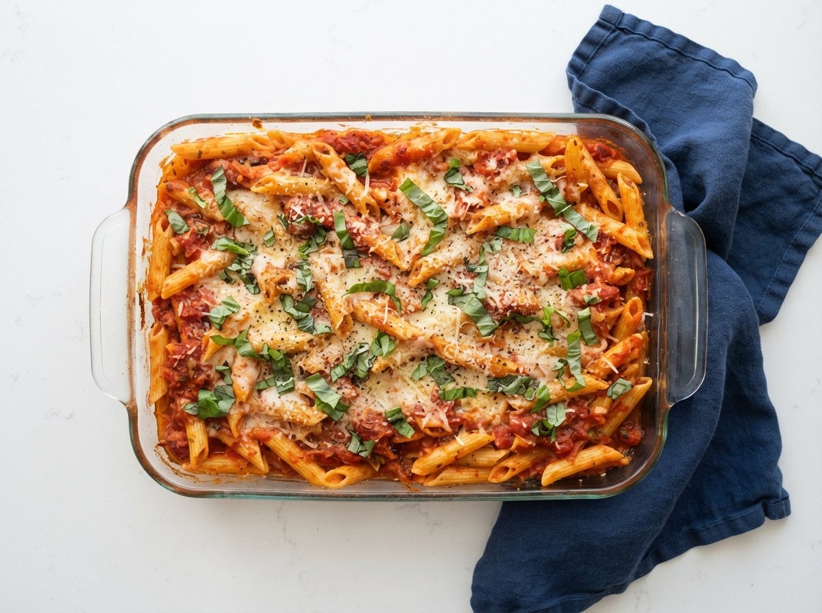 A glass baking tray of penne pasta in tomato sauce with basil