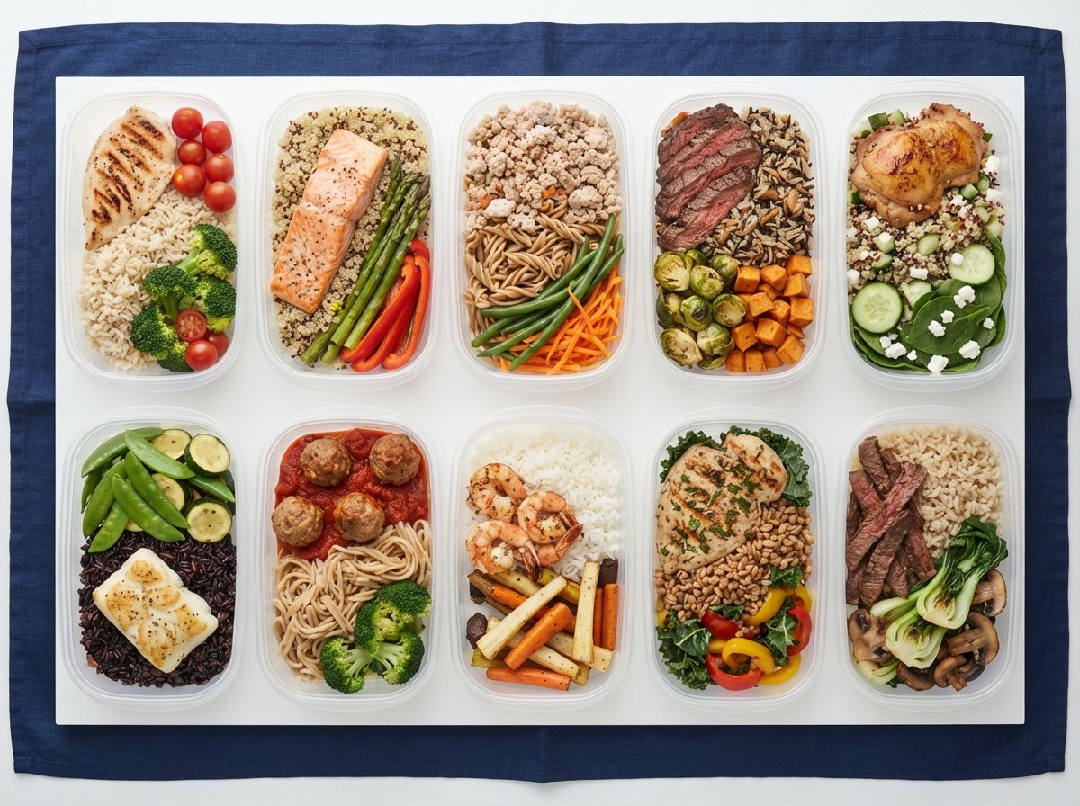 Ten meal-prep containers in a grid, each with a different balanced meal