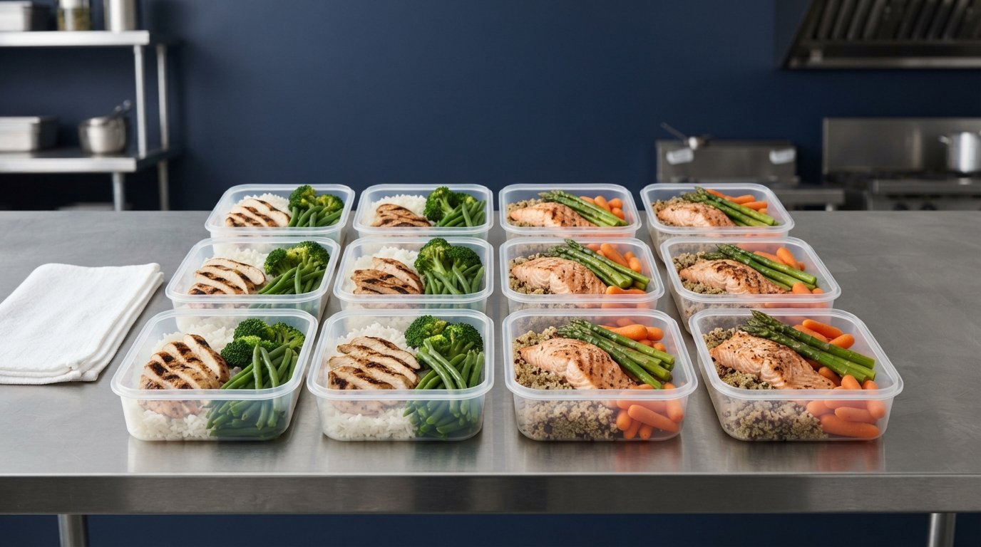 Rows of portioned meal-prep containers on a steel bench against a navy wall