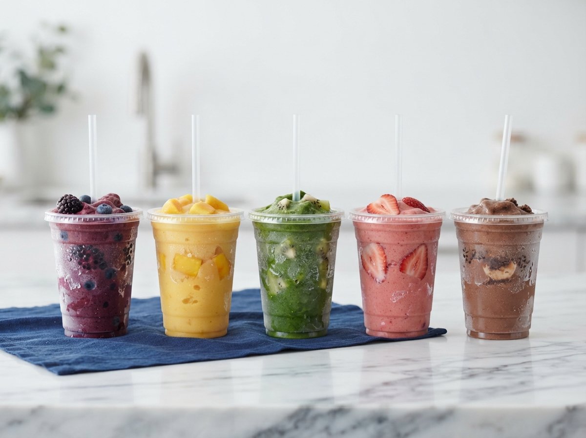 Five cups of frozen smoothie blends in a row on white marble