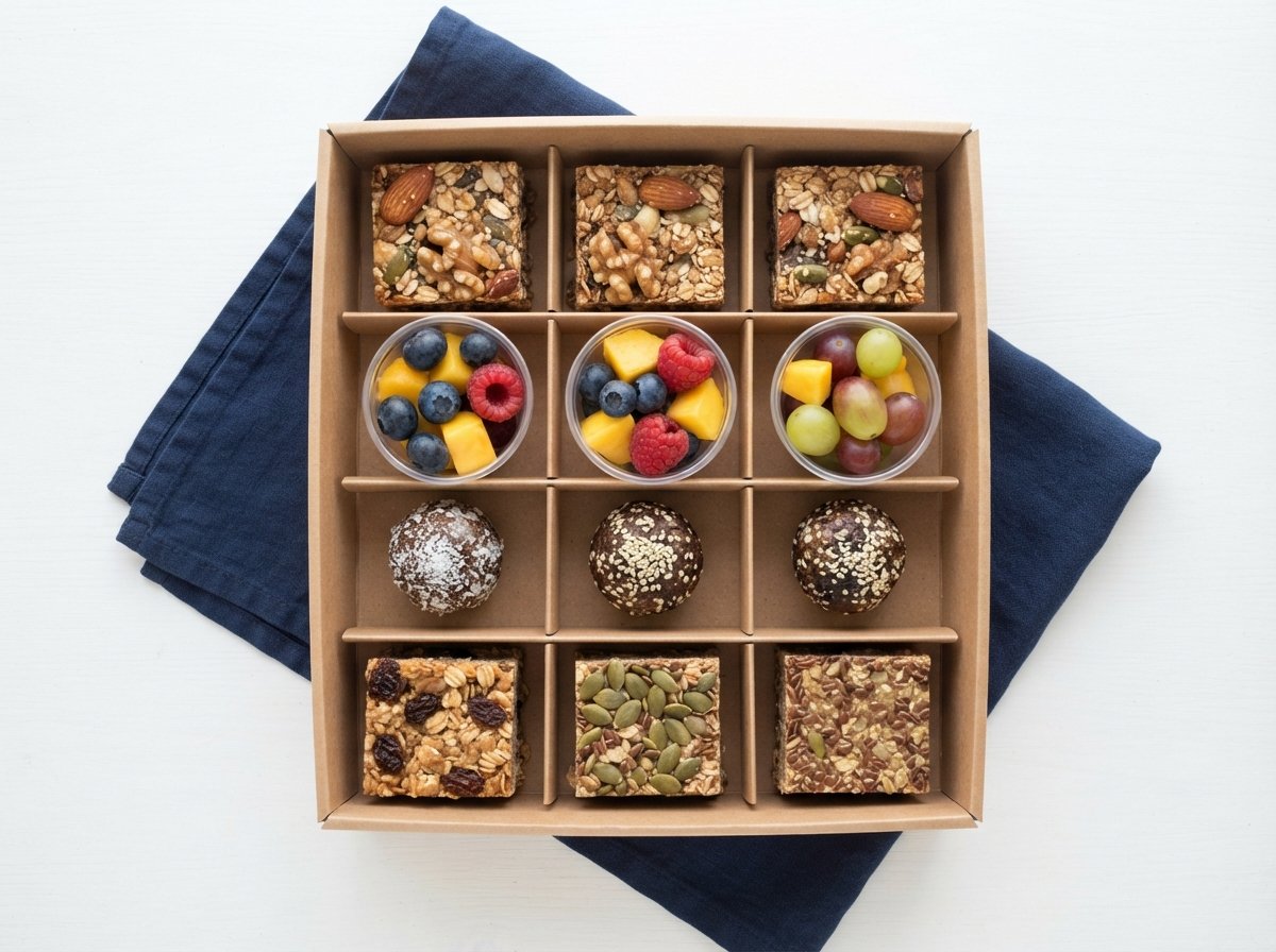 An open kraft box of twelve snacks — bars, energy bites and fruit pots