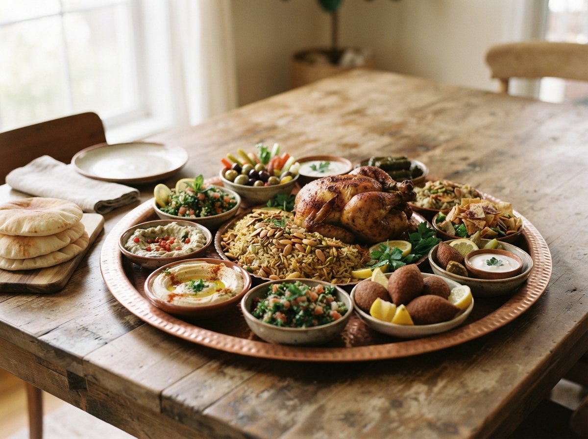 A large Lebanese banquet tray with mezze, kibbeh, chicken, rice, salad and bread