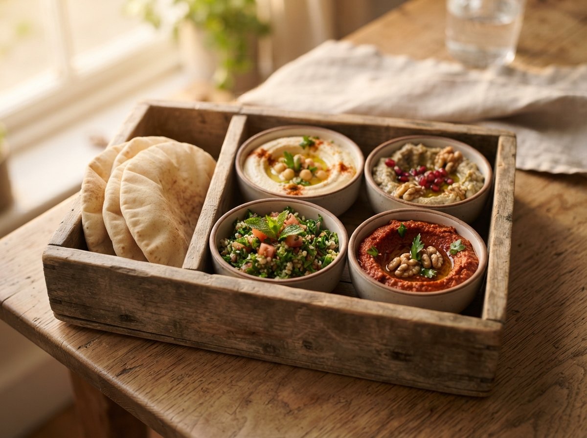 Four bowls of assorted dips and salads in a wooden box with flatbread