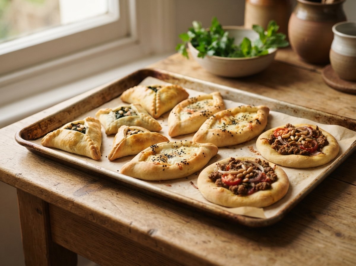 A tray of assorted baked fatayer pastries