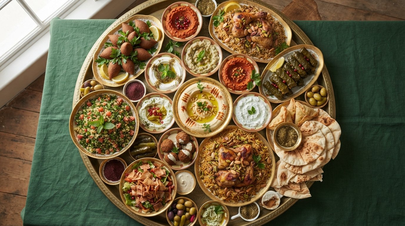 A Lebanese banquet tray photographed from above on a deep green cloth
