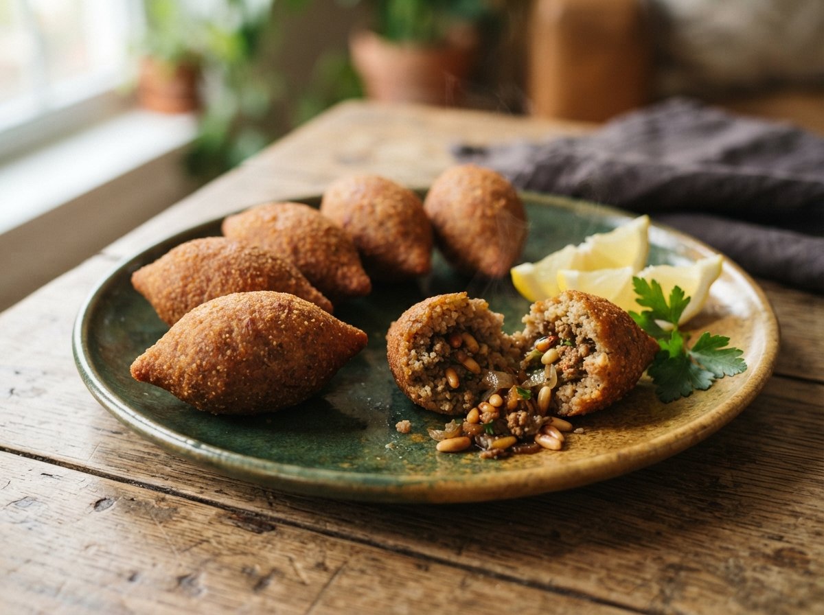 Six fried kibbeh on a plate, one broken open showing spiced lamb and pine nuts